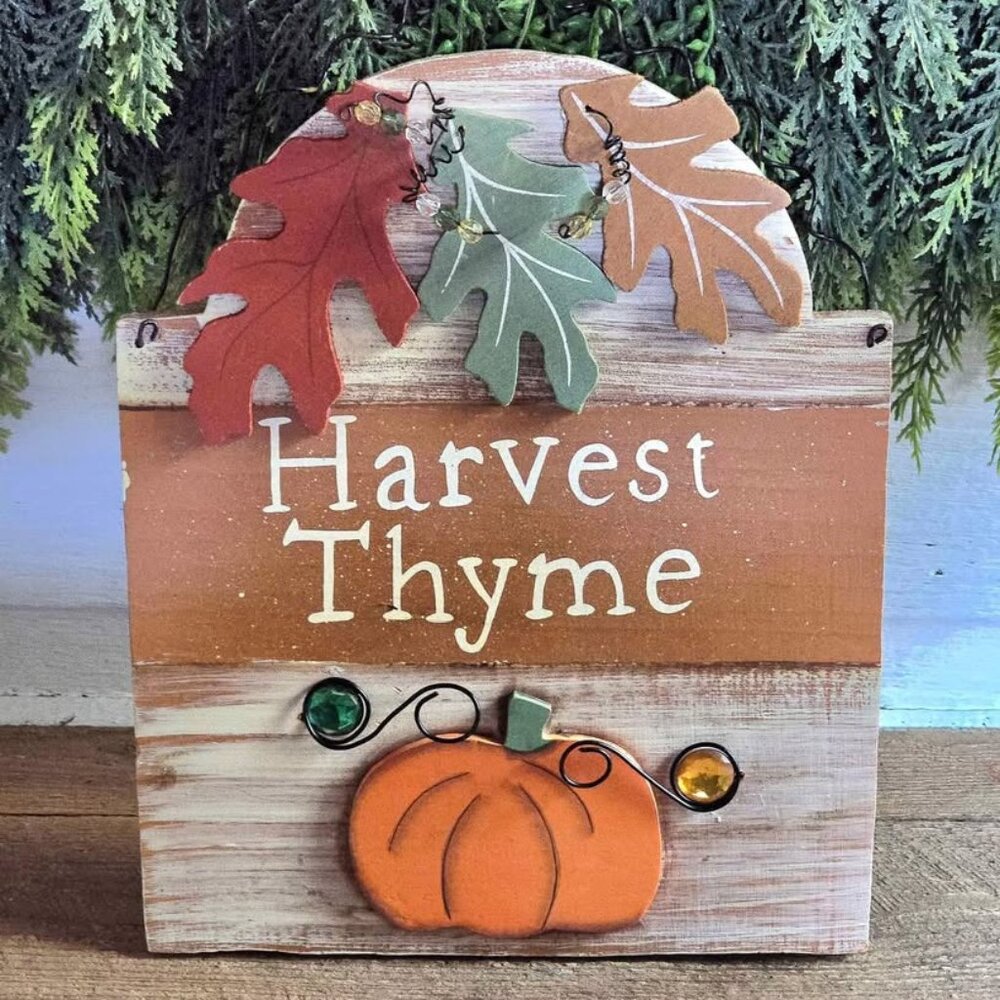 Primitive Harvest Thyme Pumpkin Maple Leaf Fall Jewel Wall Hanging Farmhouse